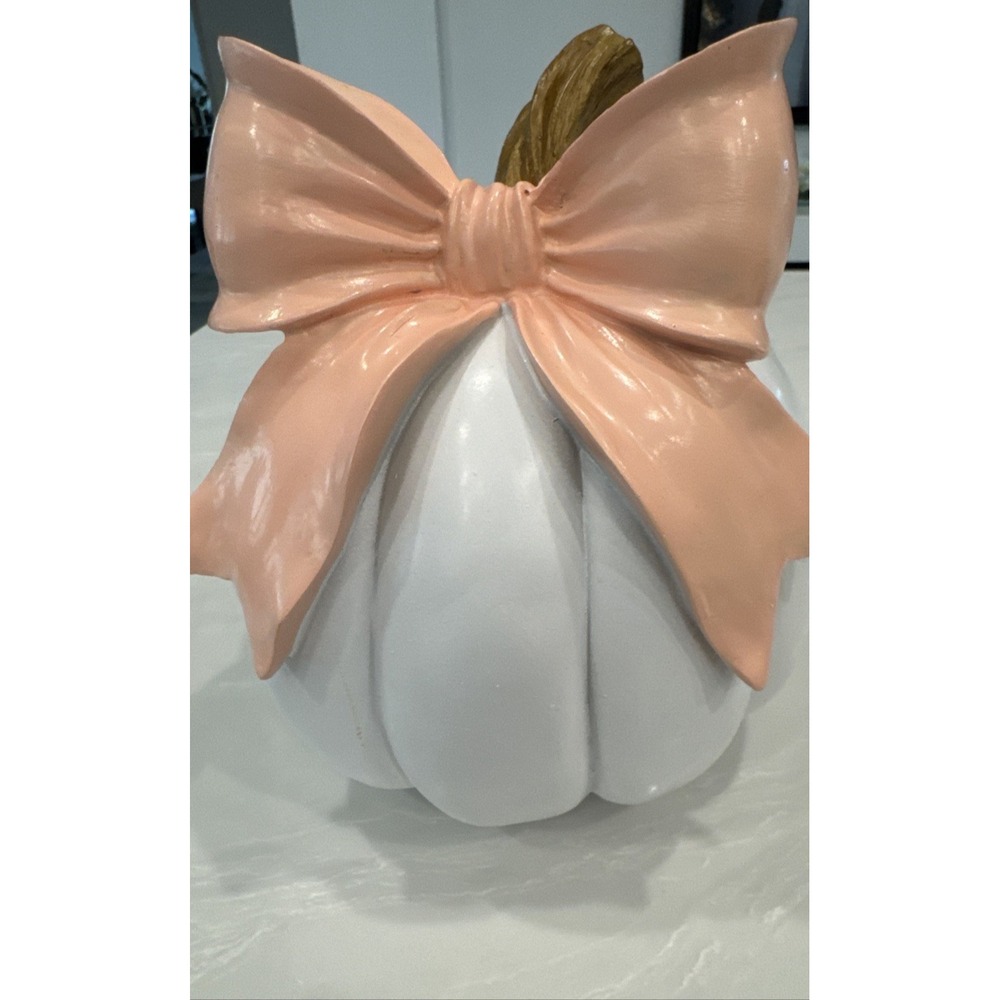 Hobby Lobby NEW Chic White Pumpkin w/ Pink Bow 8" Fall Harvest Centerpiece - Picture 2 of 8